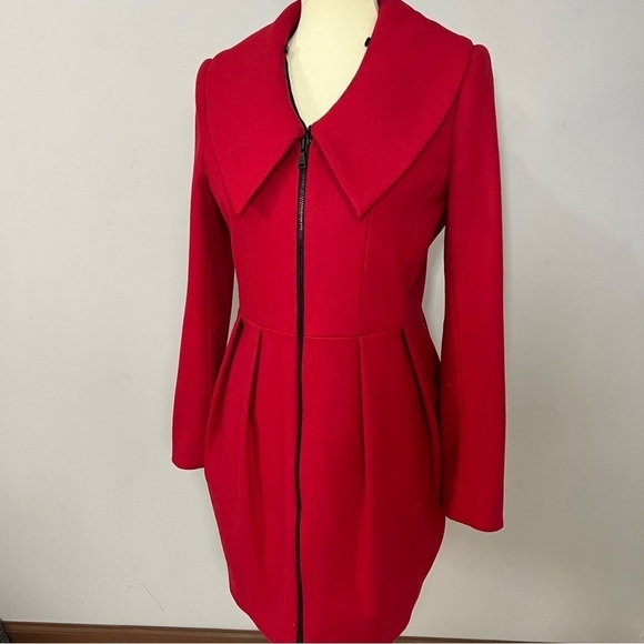 Alice + Olivia Campbell Red Peacoat Wool Fit Flare Cinched Waist Holiday Jacket - Picture 3 of 11